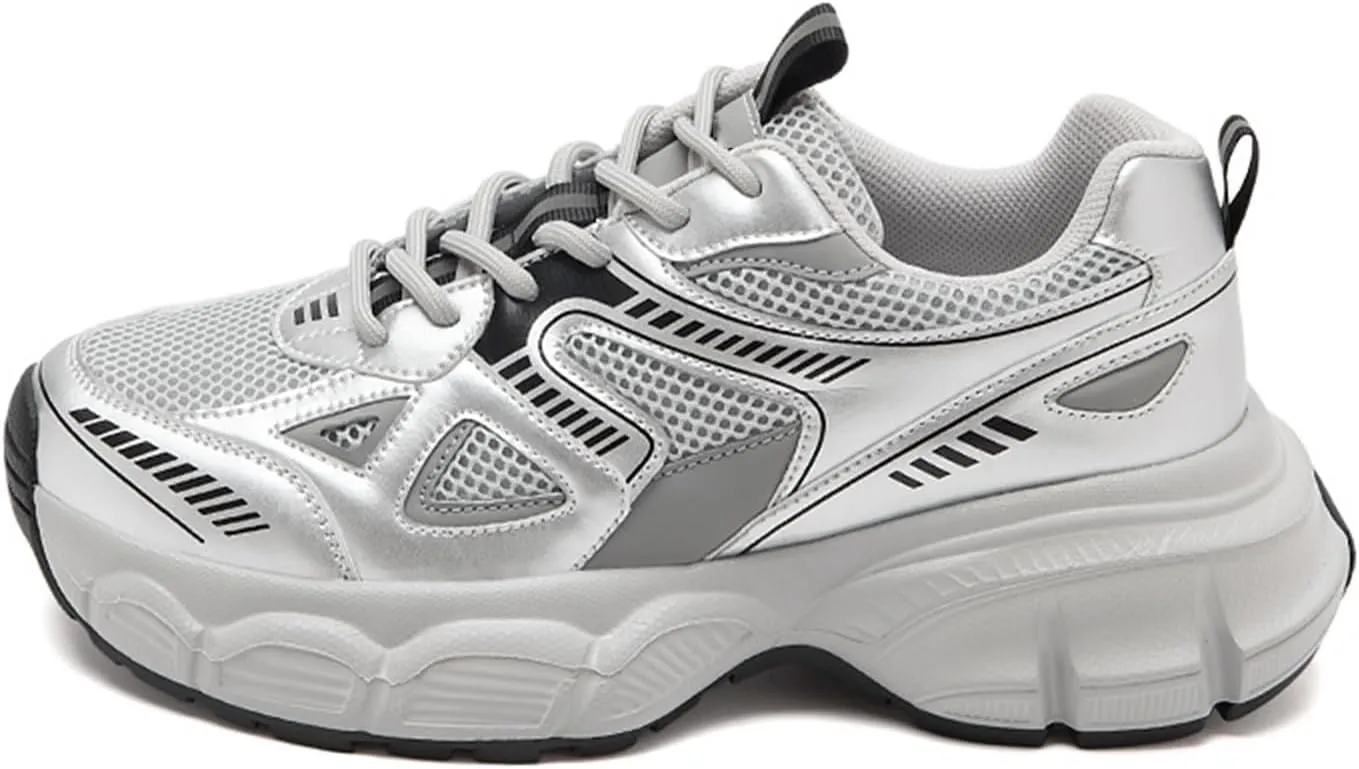 2024 New Women's Fashion Sneakers - Casual Chunky Platform Trainers with Breathable Mesh, Thick Sole, Lightweight Design, and Lace-up White Old Dad Shoes Style,Silver-37