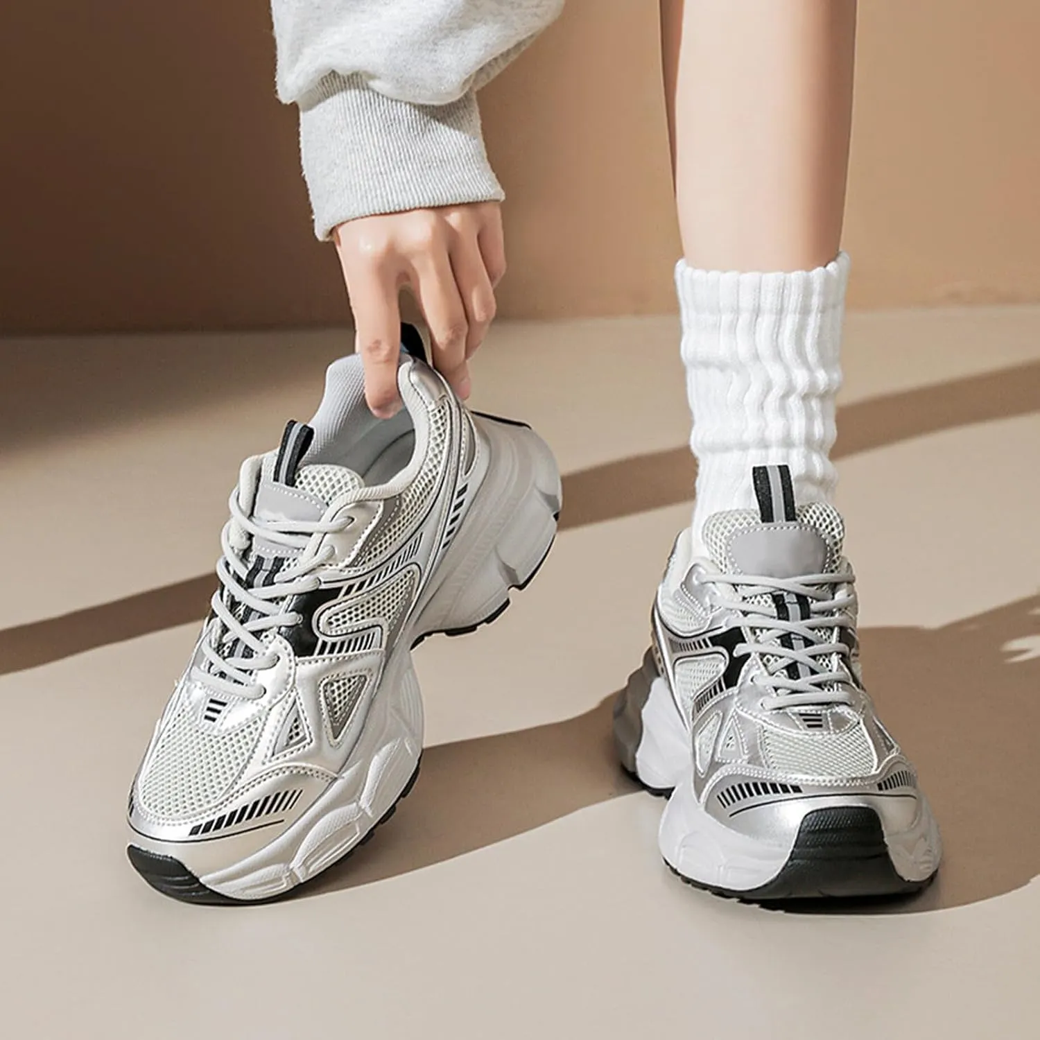 2024 New Women's Fashion Sneakers - Casual Chunky Platform Trainers with Breathable Mesh, Thick Sole, Lightweight Design, and Lace-up White Old Dad Shoes Style,Silver-37