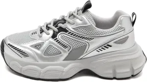 2024 New Women's Fashion Sneakers - Casual Chunky Platform Trainers with Breathable Mesh, Thick Sole, Lightweight Design, and Lace-up White Old Dad Shoes Style,Silver-37