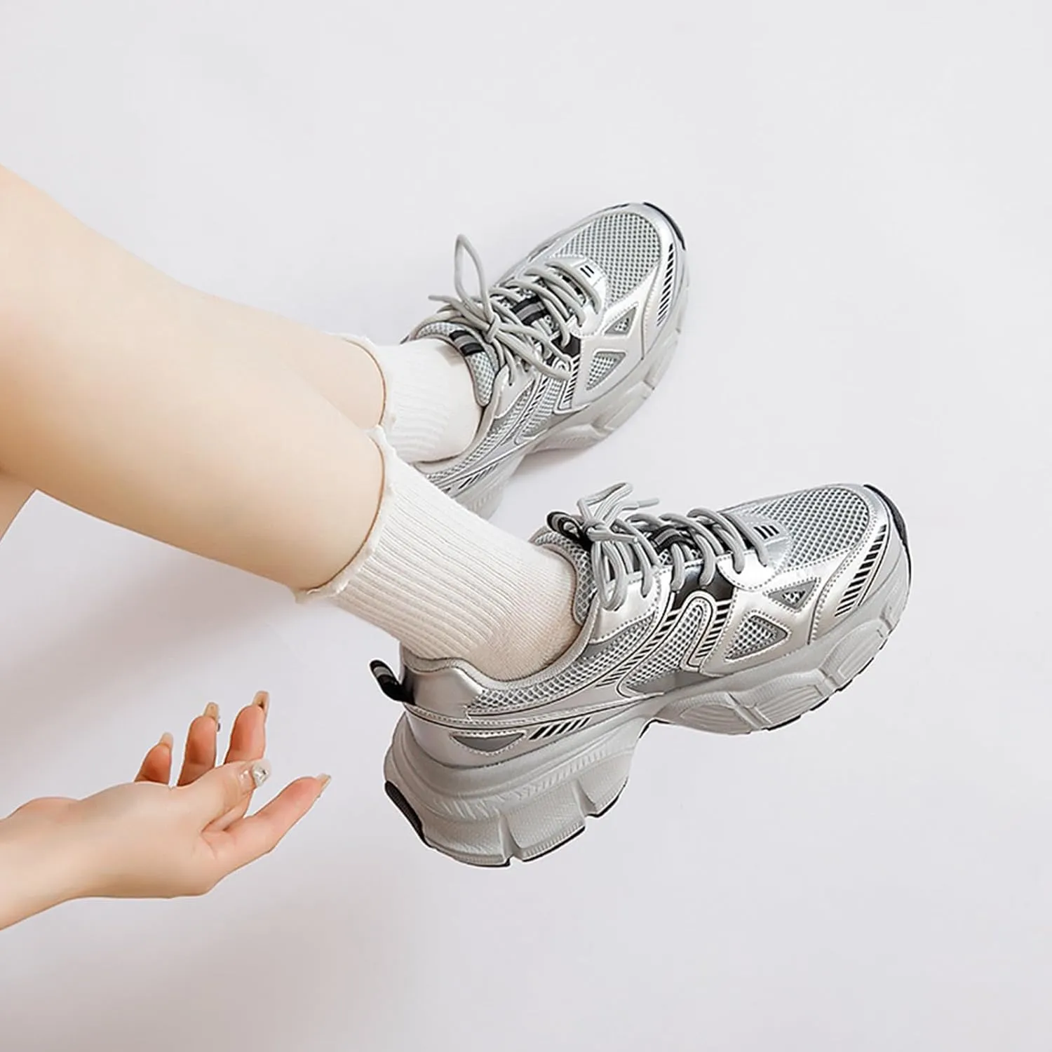 2024 New Women's Fashion Sneakers - Casual Chunky Platform Trainers with Breathable Mesh, Thick Sole, Lightweight Design, and Lace-up White Old Dad Shoes Style,Silver-37