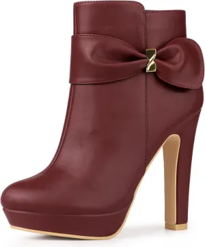 Allegra K Women's Chunky High Heels Platform Bow Decor Ankle Boots