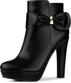 Allegra K Women's Chunky High Heels Platform Bow Decor Ankle Boots