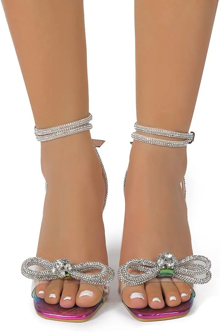 Arqa Rhinestone Ankle Strappy Clear Heel Sandals High Heels Crystal Bows High Heels Open Toe Wedding Stilettos