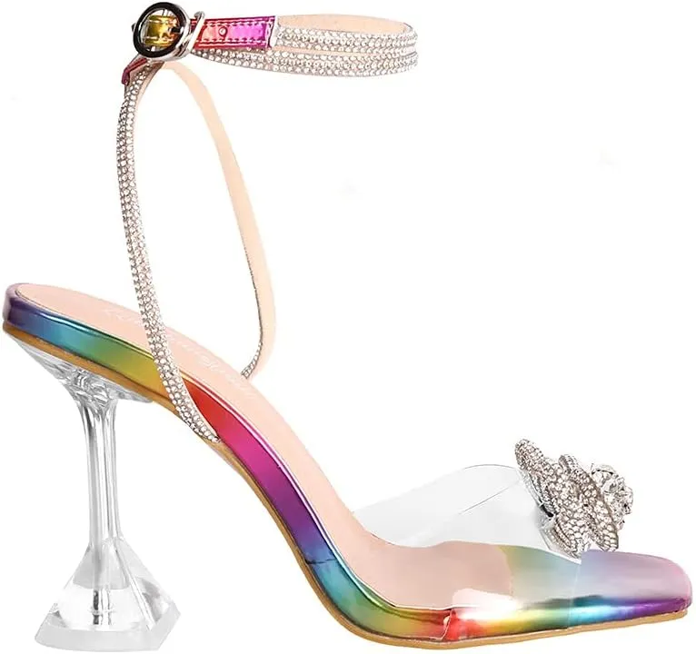 Arqa Rhinestone Ankle Strappy Clear Heel Sandals High Heels Crystal Bows High Heels Open Toe Wedding Stilettos