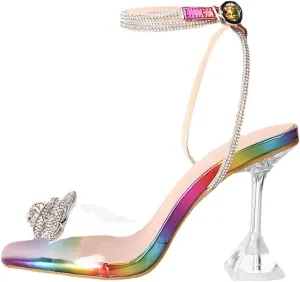 Arqa Rhinestone Ankle Strappy Clear Heel Sandals High Heels Crystal Bows High Heels Open Toe Wedding Stilettos