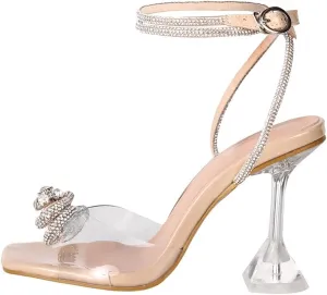 Arqa Rhinestone Ankle Strappy Clear Heel Sandals High Heels Crystal Bows High Heels Open Toe Wedding Stilettos