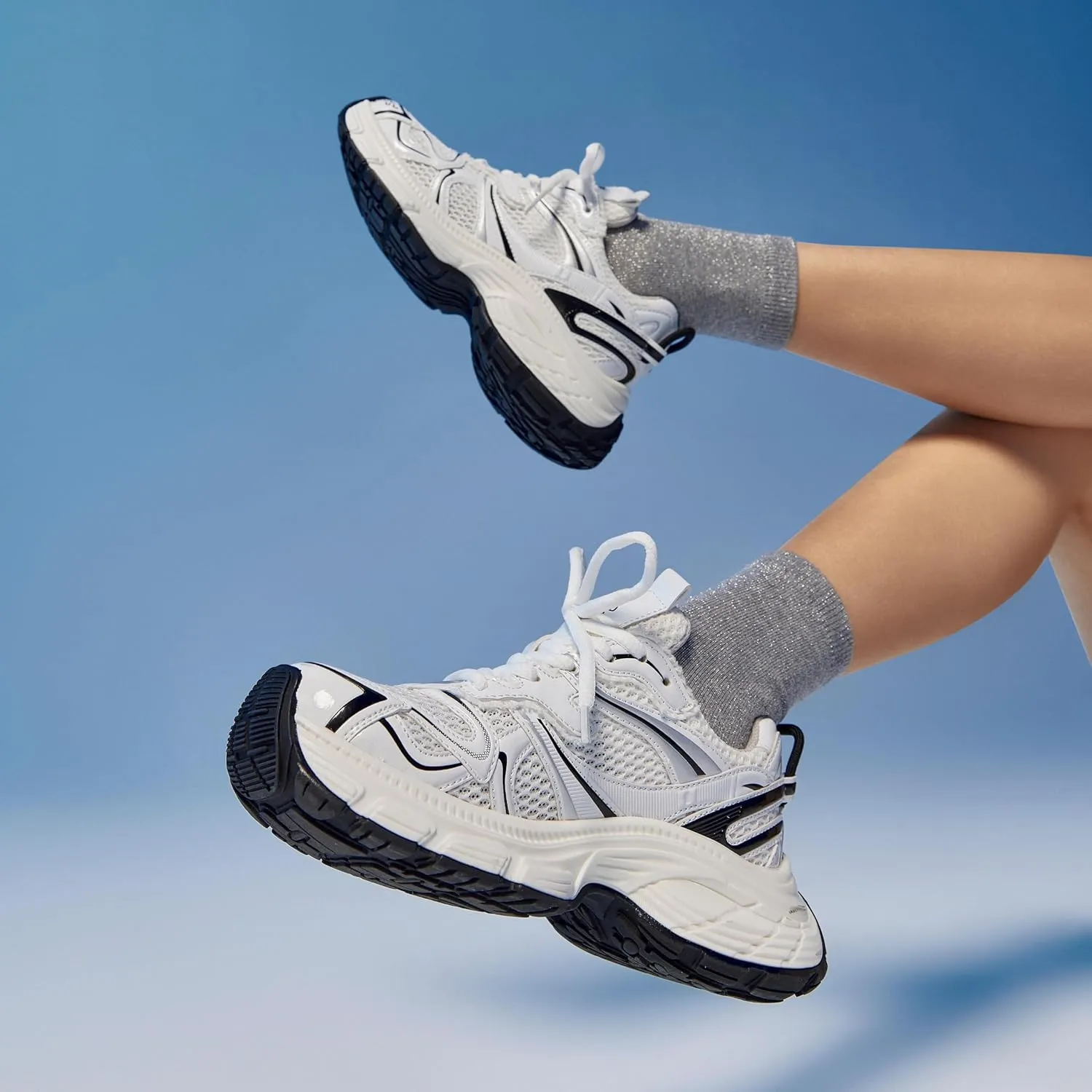 BEAU TODAY Chunky Sneakers for Women, Womens Fashion Sneakers, Lightweight Leather Sneakers for Women, Comfortable Casual Lace-Up Breathable Dad Shoes
