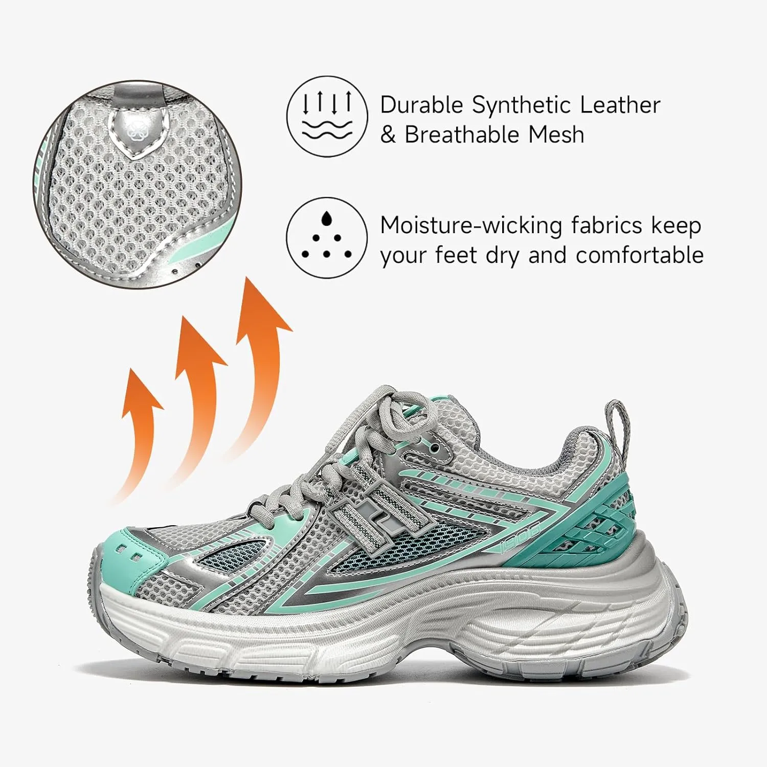 BEAU TODAY Chunky Sneakers for Women, Womens Fashion Sneakers, Lightweight Leather Sneakers for Women, Comfortable Casual Lace-Up Breathable Dad Shoes