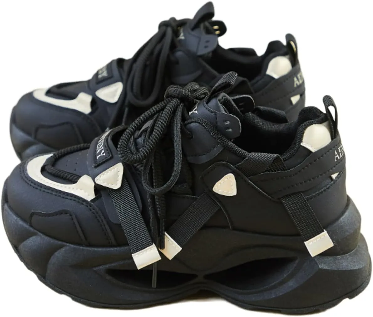 Black & Gold Walking Cute Sneakers for Women Platforms Dad Shoes Lace-up 1.8" Rubber Thick Sole Height Increase Cute Walking Shoes