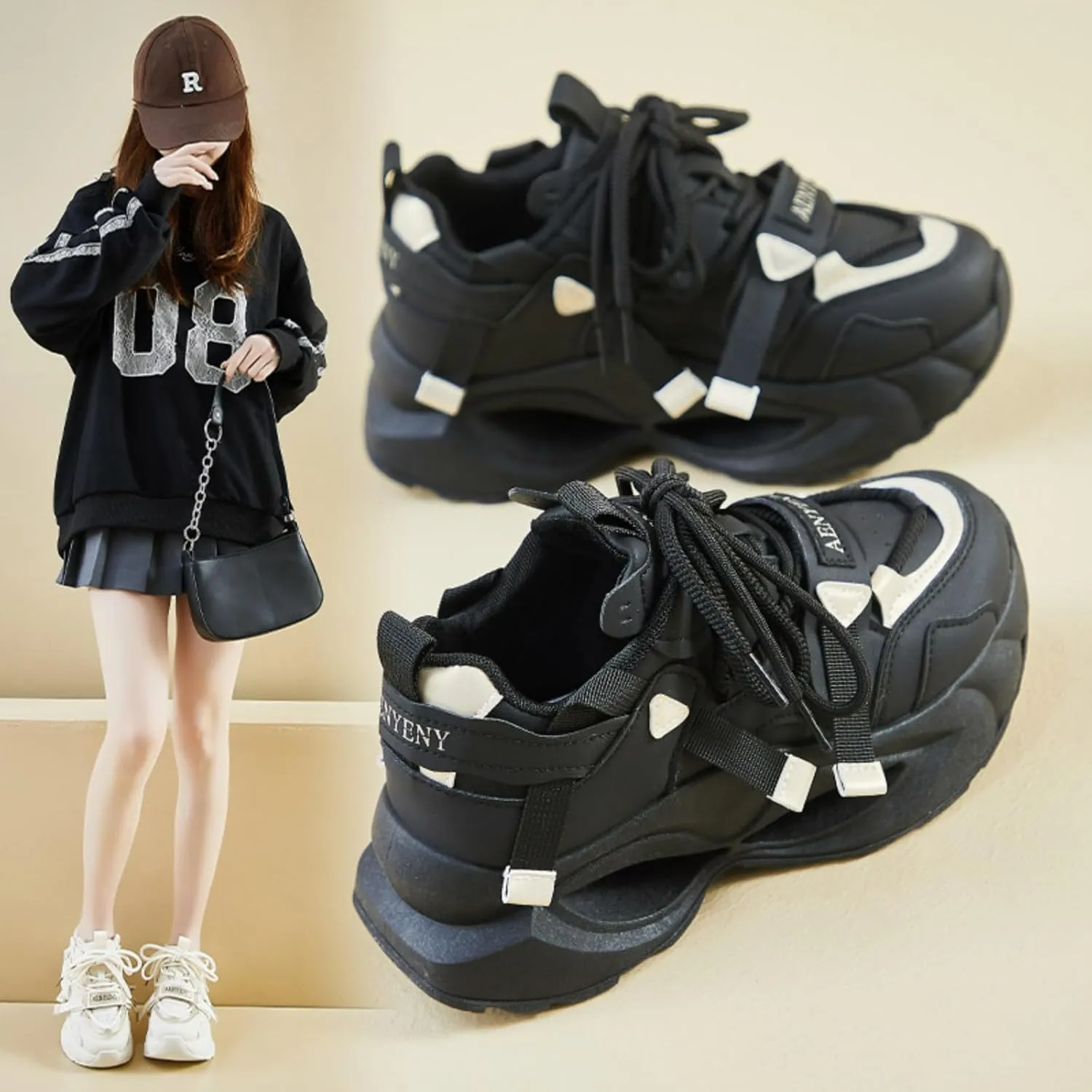 Black & Gold Walking Cute Sneakers for Women Platforms Dad Shoes Lace-up 1.8" Rubber Thick Sole Height Increase Cute Walking Shoes