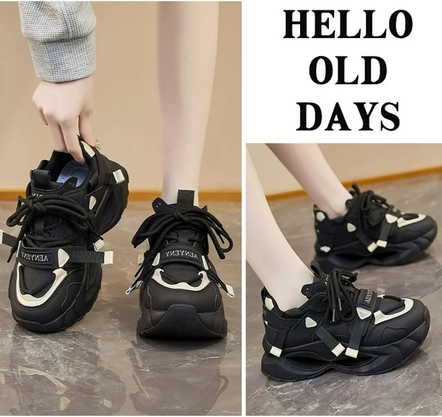 Black & Gold Walking Cute Sneakers for Women Platforms Dad Shoes Lace-up 1.8" Rubber Thick Sole Height Increase Cute Walking Shoes