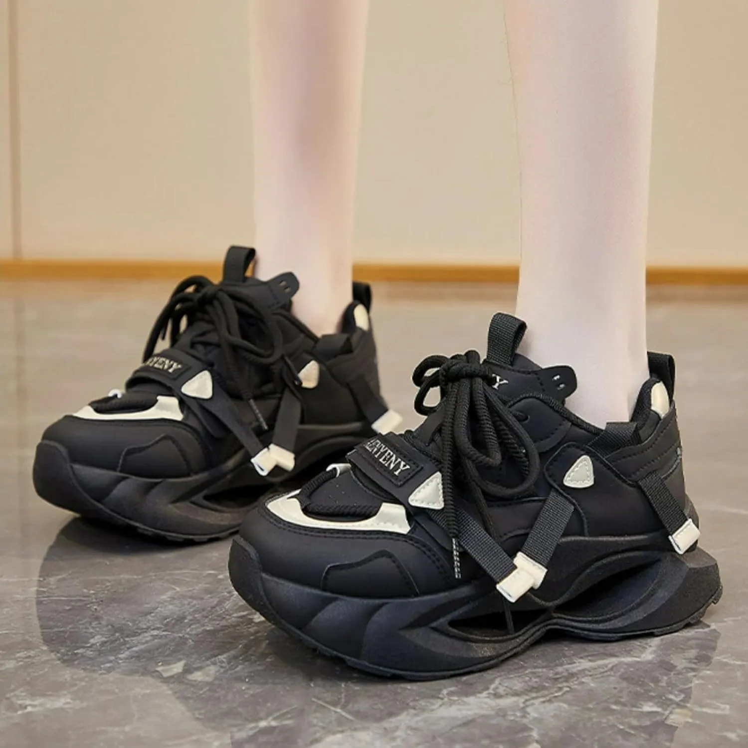 Black & Gold Walking Cute Sneakers for Women Platforms Dad Shoes Lace-up 1.8" Rubber Thick Sole Height Increase Cute Walking Shoes