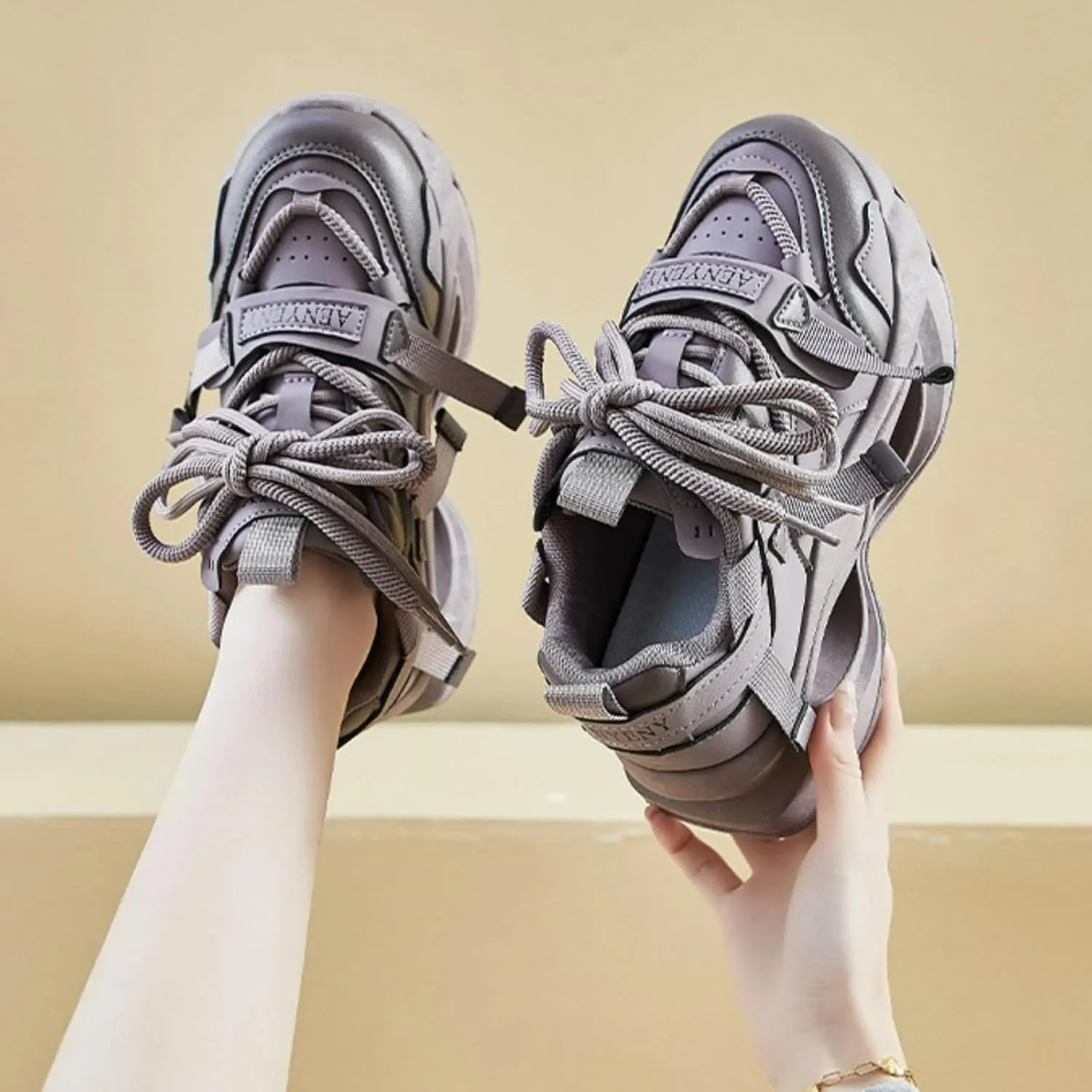 Black & Gold Walking Cute Sneakers for Women Platforms Dad Shoes Lace-up 1.8" Rubber Thick Sole Height Increase Cute Walking Shoes