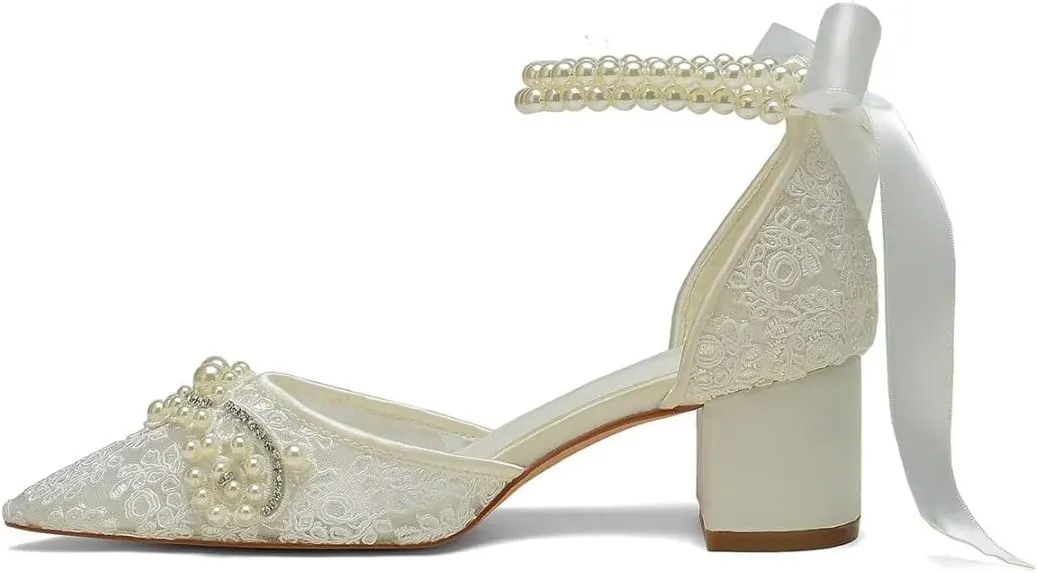 Block Heel Wedding Shoes for Bride Pointed Toe Lace Pearl Bridal Heels