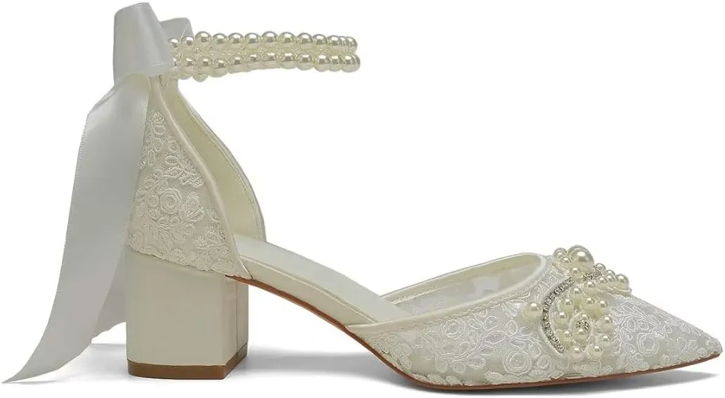 Block Heel Wedding Shoes for Bride Pointed Toe Lace Pearl Bridal Heels