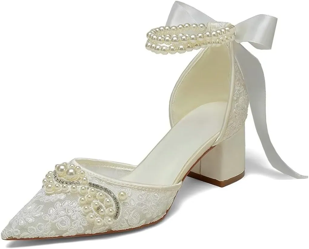 Block Heel Wedding Shoes for Bride Pointed Toe Lace Pearl Bridal Heels