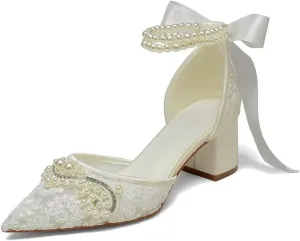 Block Heel Wedding Shoes for Bride Pointed Toe Lace Pearl Bridal Heels