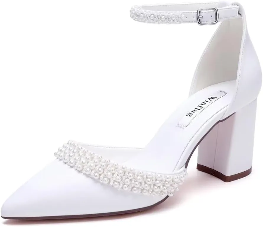 Block Heel Wedding Shoes for Bride Pointed Toe Pearl Heels Ankle Strap Wedding Heels Bridal Shoes