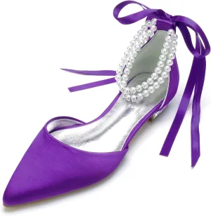 Bride Low Heel for Women Wedding Shoes Pointed Toe Closed Bridal Court Shoes Ankle Strap Pumps Sandals Bowknot Comfortable Pearl,Dark purple,11.5