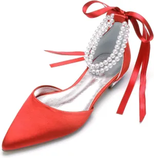 Bride Low Heel for Women Wedding Shoes Pointed Toe Closed Bridal Court Shoes Ankle Strap Pumps Sandals Bowknot Comfortable Pearl,Red,11.5