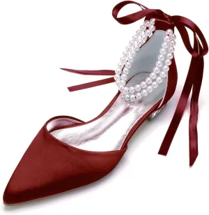 Bride Low Heel for Women Wedding Shoes Pointed Toe Closed Bridal Court Shoes Ankle Strap Pumps Sandals Bowknot Comfortable Pearl,Wine red,10