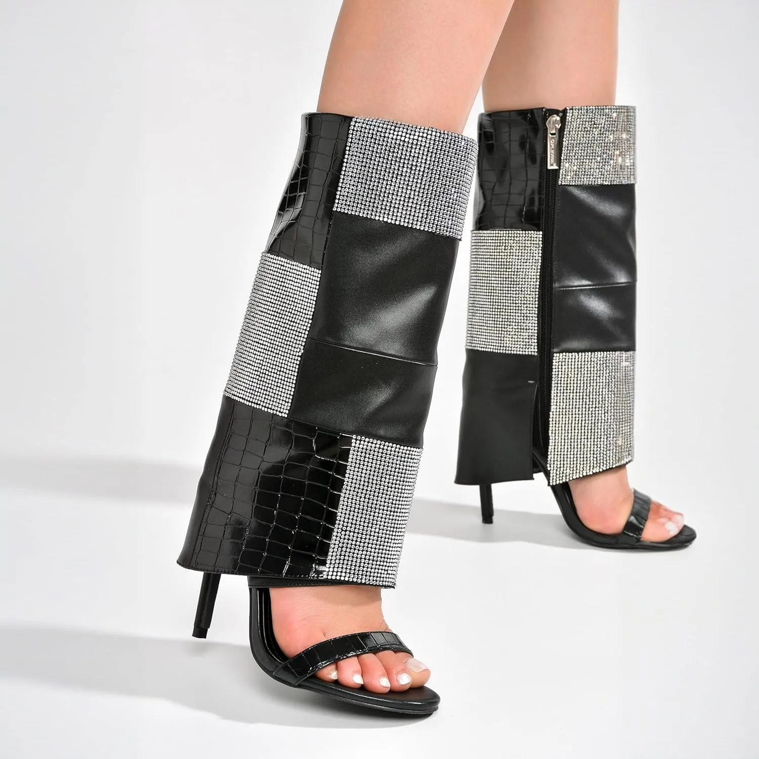 Cape Robbin Mosaic Rhinestone Open Toe Skinny High Heels (Mosaic)