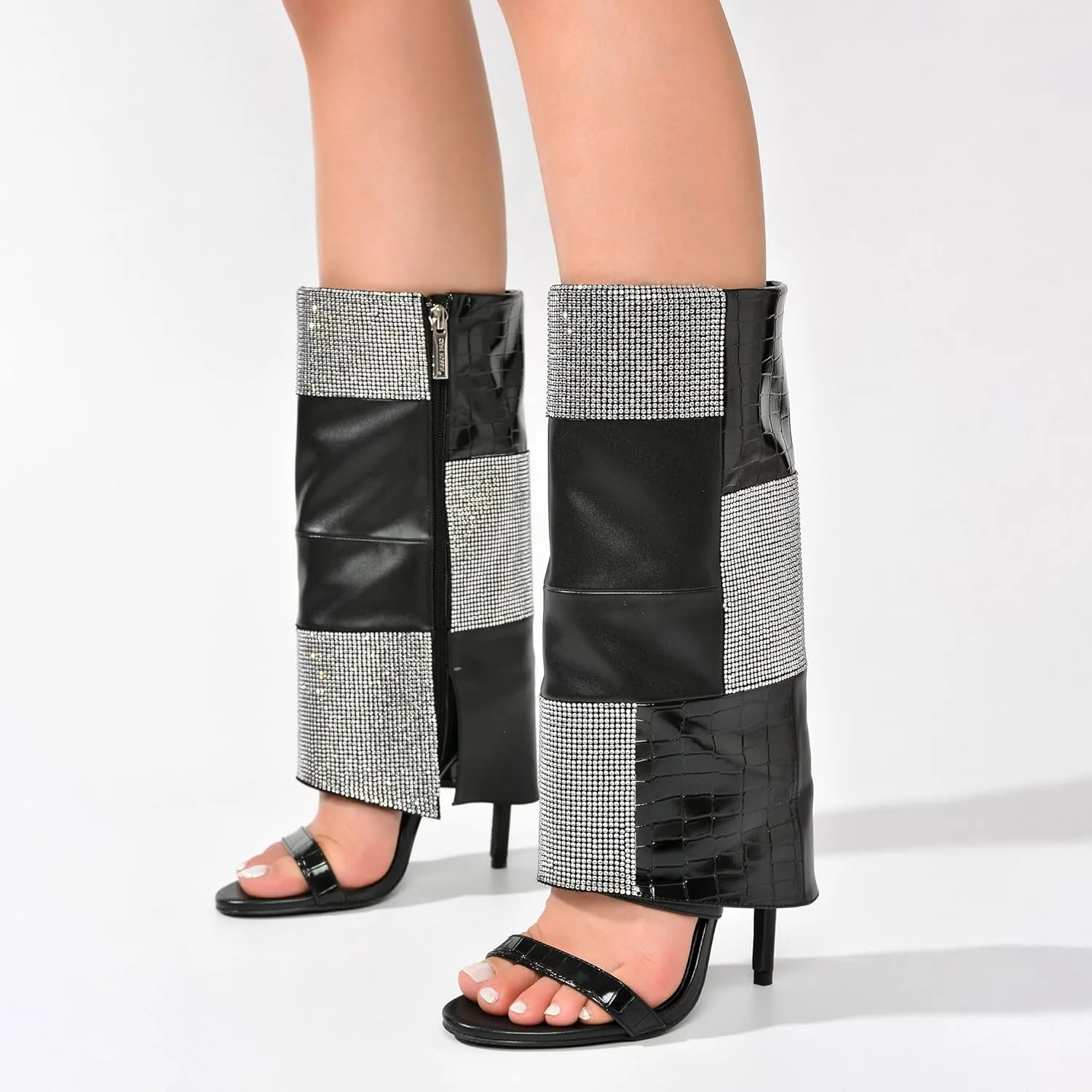 Cape Robbin Mosaic Rhinestone Open Toe Skinny High Heels (Mosaic)