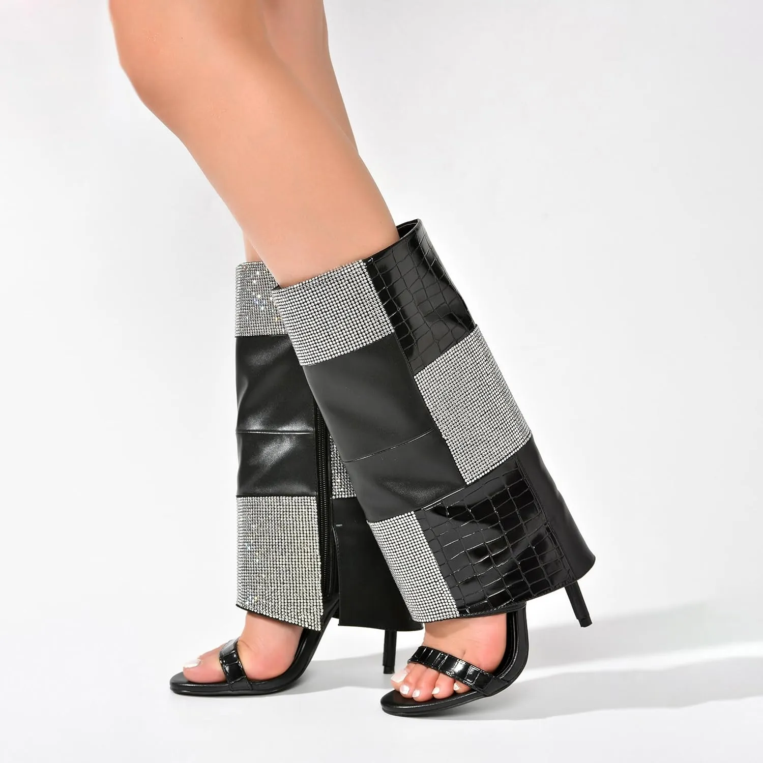 Cape Robbin Mosaic Rhinestone Open Toe Skinny High Heels (Mosaic)