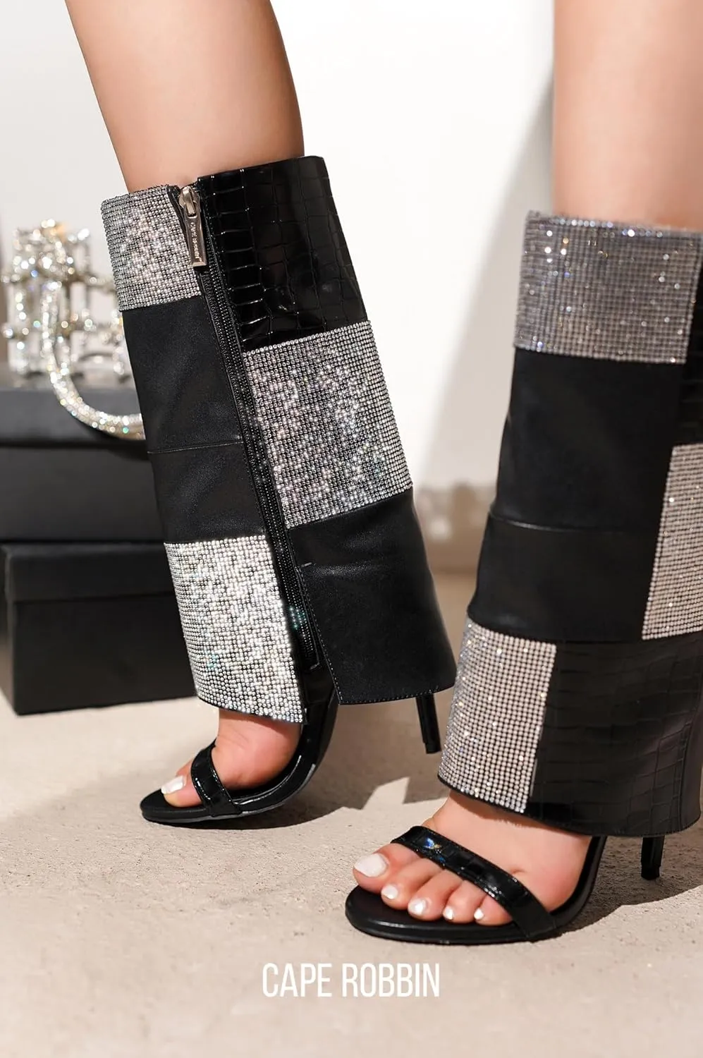 Cape Robbin Mosaic Rhinestone Open Toe Skinny High Heels (Mosaic)