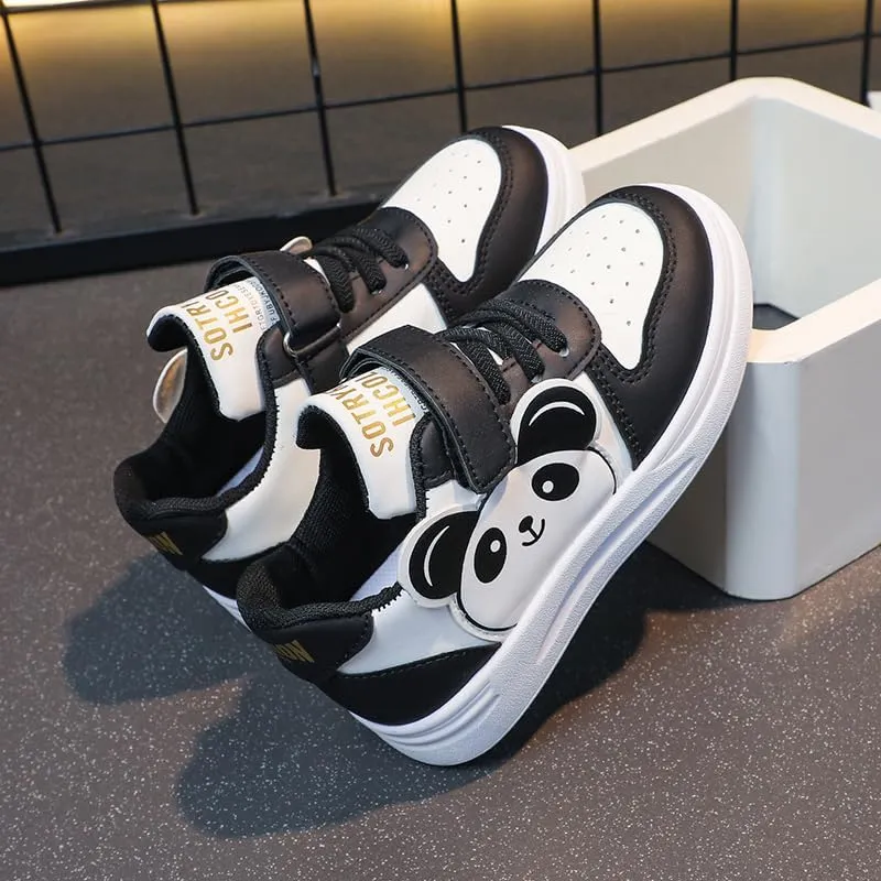 Children's Low-Top Canvas Sneakers  Casual Lace-Up Streetwear Shoes with Chunky Sole, Panda Pattern, and Anti-Slip Design
