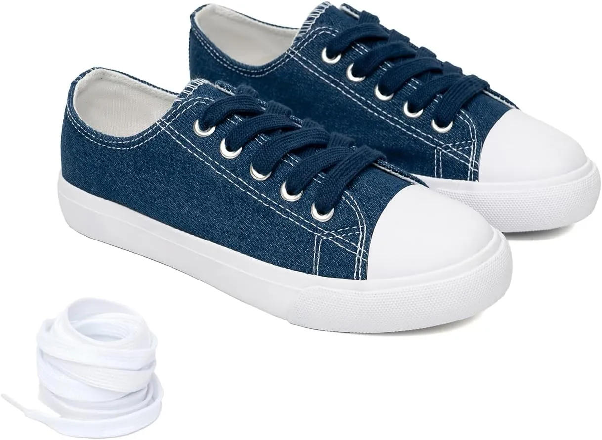 Classic Unisex Low-Top Canvas Sneakers  Boys Girls and Toddler Casual Lace-Up Shoes with Rubber Sole, Includes Extra White Shoelaces