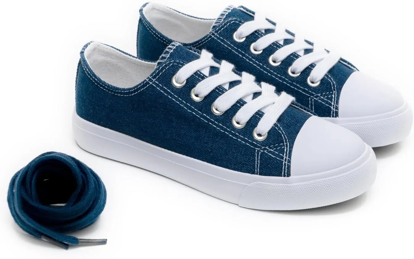 Classic Unisex Low-Top Canvas Sneakers  Boys Girls and Toddler Casual Lace-Up Shoes with Rubber Sole, Includes Extra White Shoelaces
