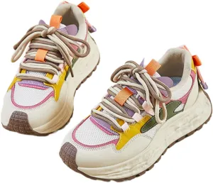 Colorful Walking Cute Sneakers for Women Platforms Retro Dad Shoes Lace-up 1.8" Rubber Thick Sole Height Increase Cute Walking Shoes