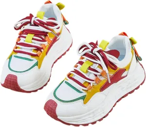 Colorful Walking Cute Sneakers for Women Platforms Retro Dad Shoes Lace-up 1.8" Rubber Thick Sole Height Increase Cute Walking Shoes