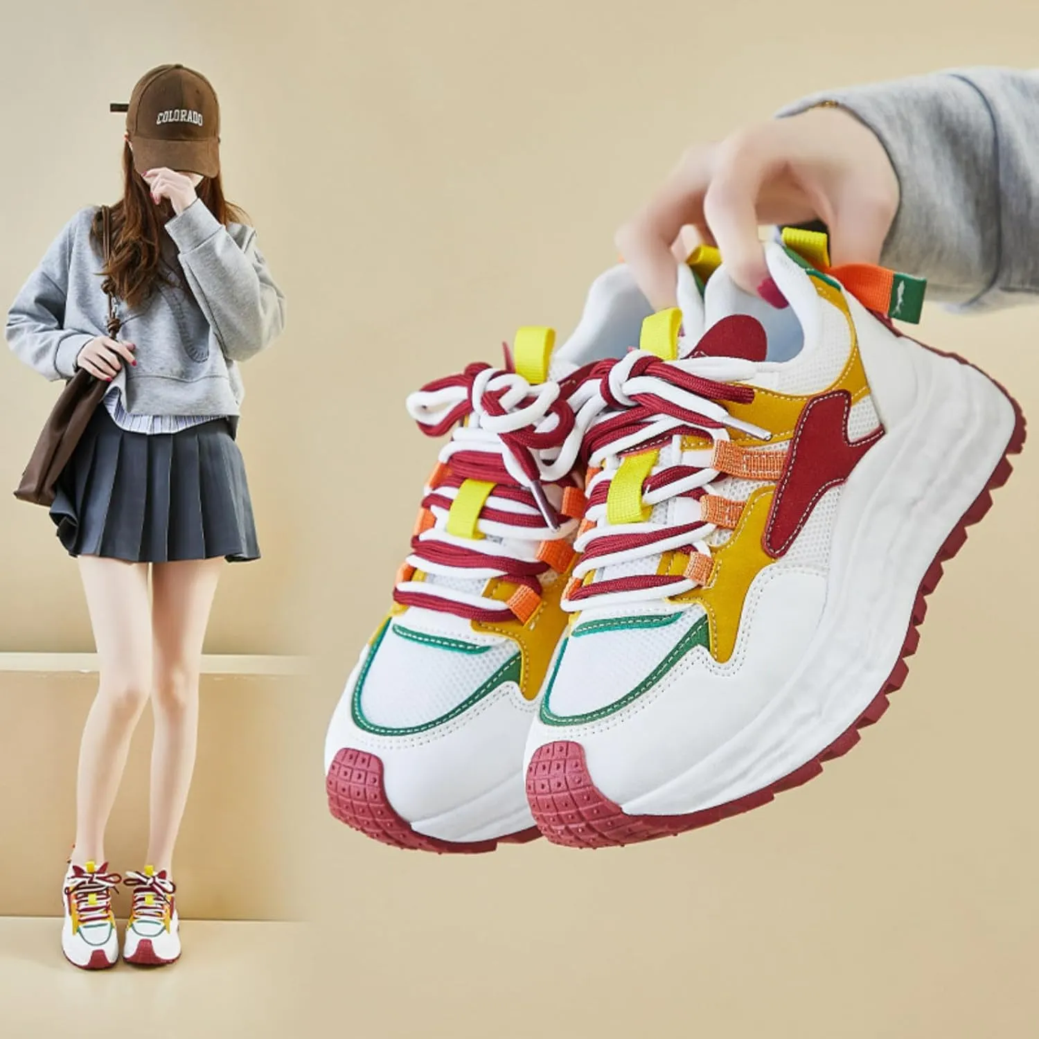 Colorful Walking Cute Sneakers for Women Platforms Retro Dad Shoes Lace-up 1.8" Rubber Thick Sole Height Increase Cute Walking Shoes