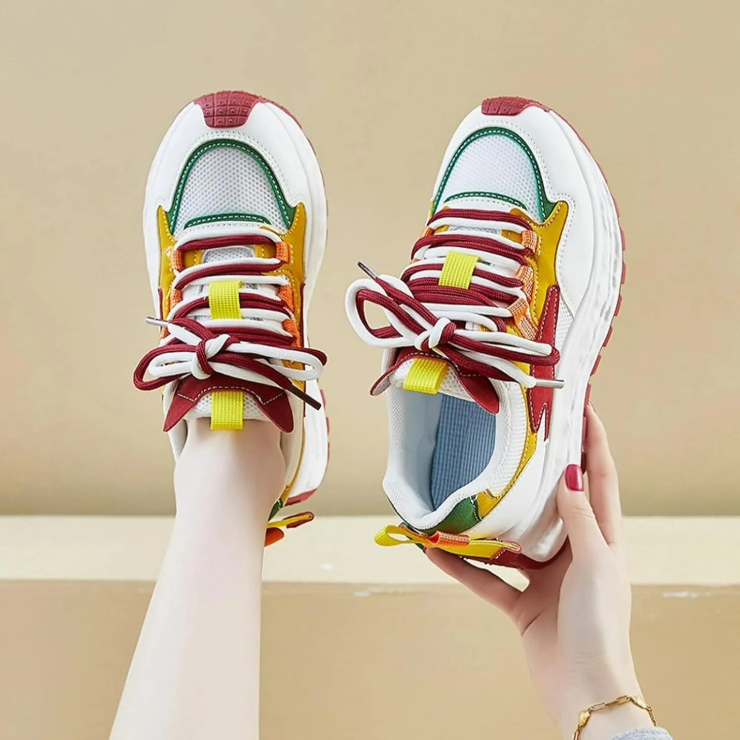 Colorful Walking Cute Sneakers for Women Platforms Retro Dad Shoes Lace-up 1.8" Rubber Thick Sole Height Increase Cute Walking Shoes