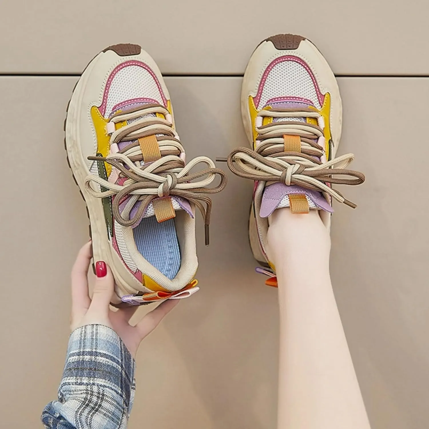 Colorful Walking Cute Sneakers for Women Platforms Retro Dad Shoes Lace-up 1.8" Rubber Thick Sole Height Increase Cute Walking Shoes