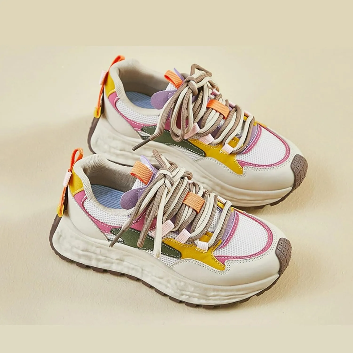 Colorful Walking Cute Sneakers for Women Platforms Retro Dad Shoes Lace-up 1.8" Rubber Thick Sole Height Increase Cute Walking Shoes