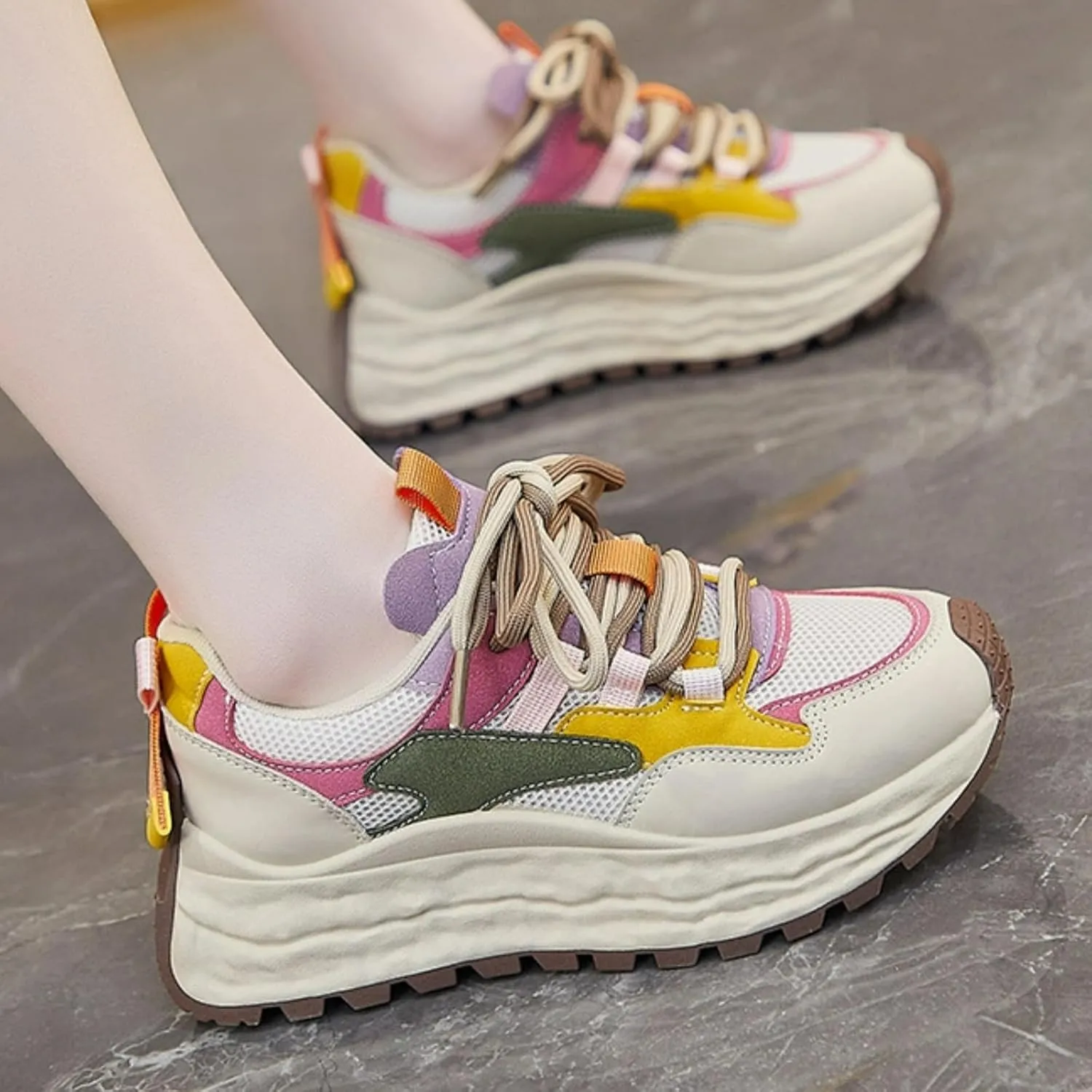 Colorful Walking Cute Sneakers for Women Platforms Retro Dad Shoes Lace-up 1.8" Rubber Thick Sole Height Increase Cute Walking Shoes