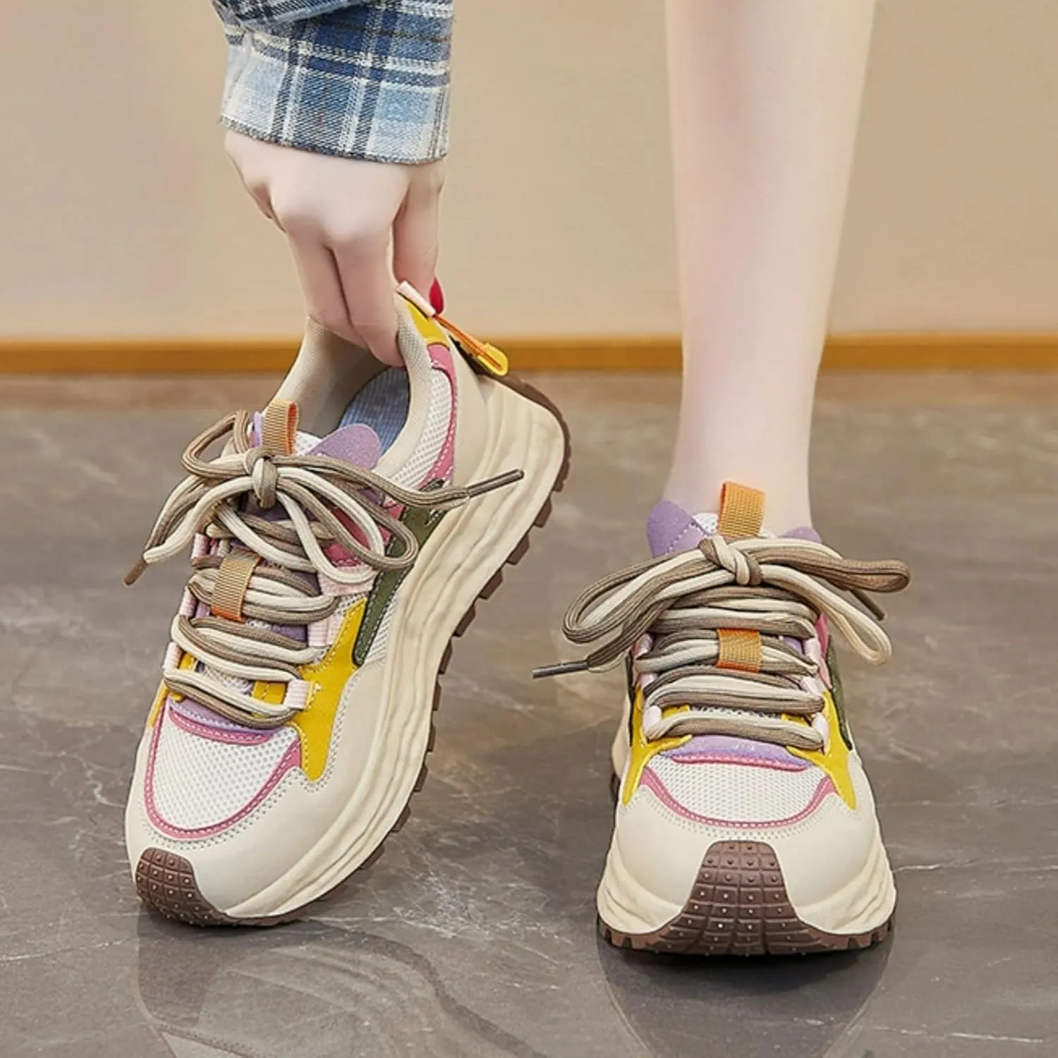 Colorful Walking Cute Sneakers for Women Platforms Retro Dad Shoes Lace-up 1.8" Rubber Thick Sole Height Increase Cute Walking Shoes