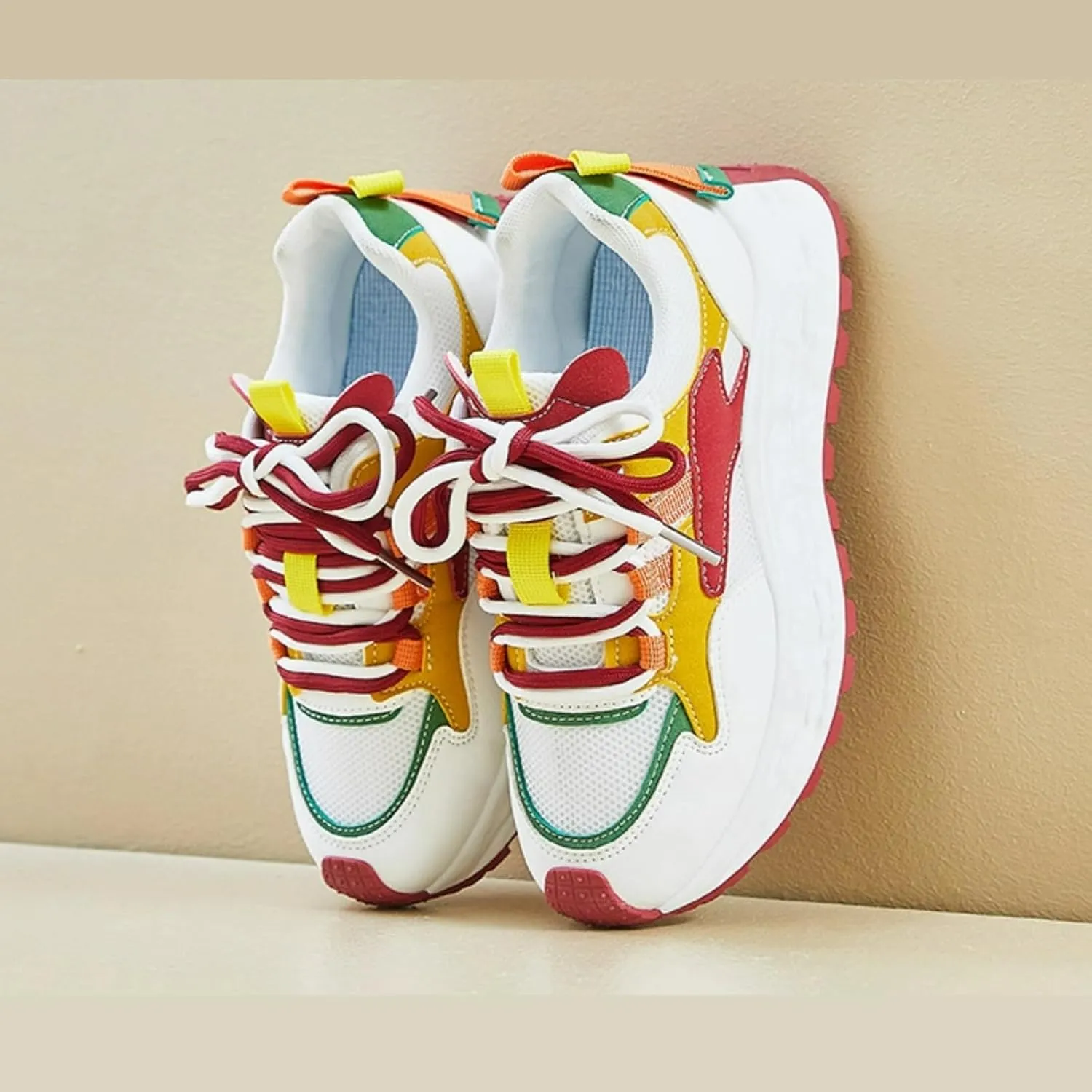 Colorful Walking Cute Sneakers for Women Platforms Retro Dad Shoes Lace-up 1.8" Rubber Thick Sole Height Increase Cute Walking Shoes