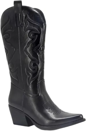 Cowgirl Boots Women Knee High Low Heel Cowboy Western Boots Embroidery Wide Calf Chunky Heel Fashion Classic Boot Pull-On