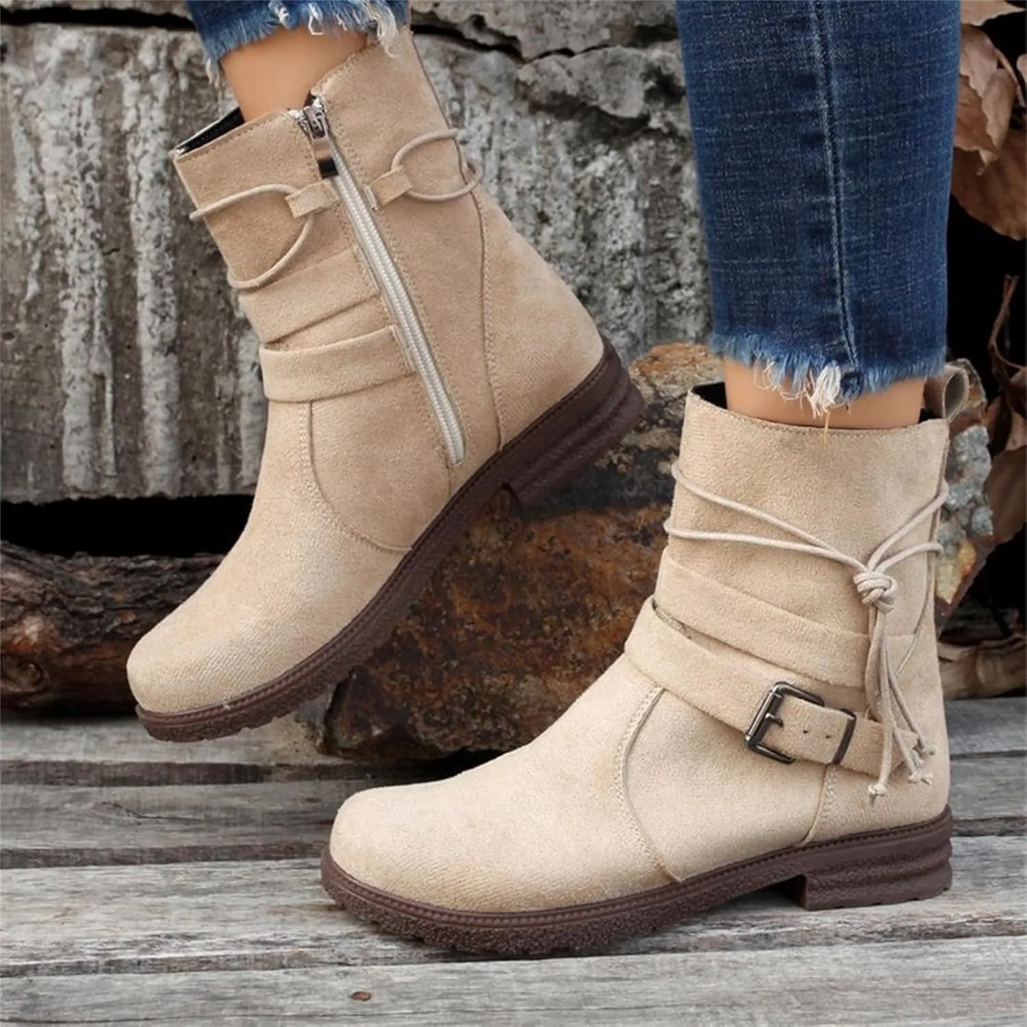 Cowgirl Boots Women Short Heel Mid Calf Round-Toe Side Zip Combat boots Motorcycle Riding Military Biker Ankle booties