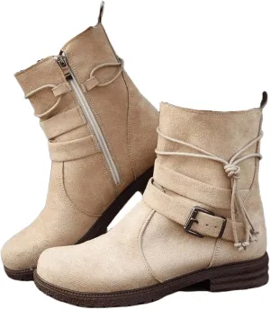 Cowgirl Boots Women Short Heel Mid Calf Round-Toe Side Zip Combat boots Motorcycle Riding Military Biker Ankle booties