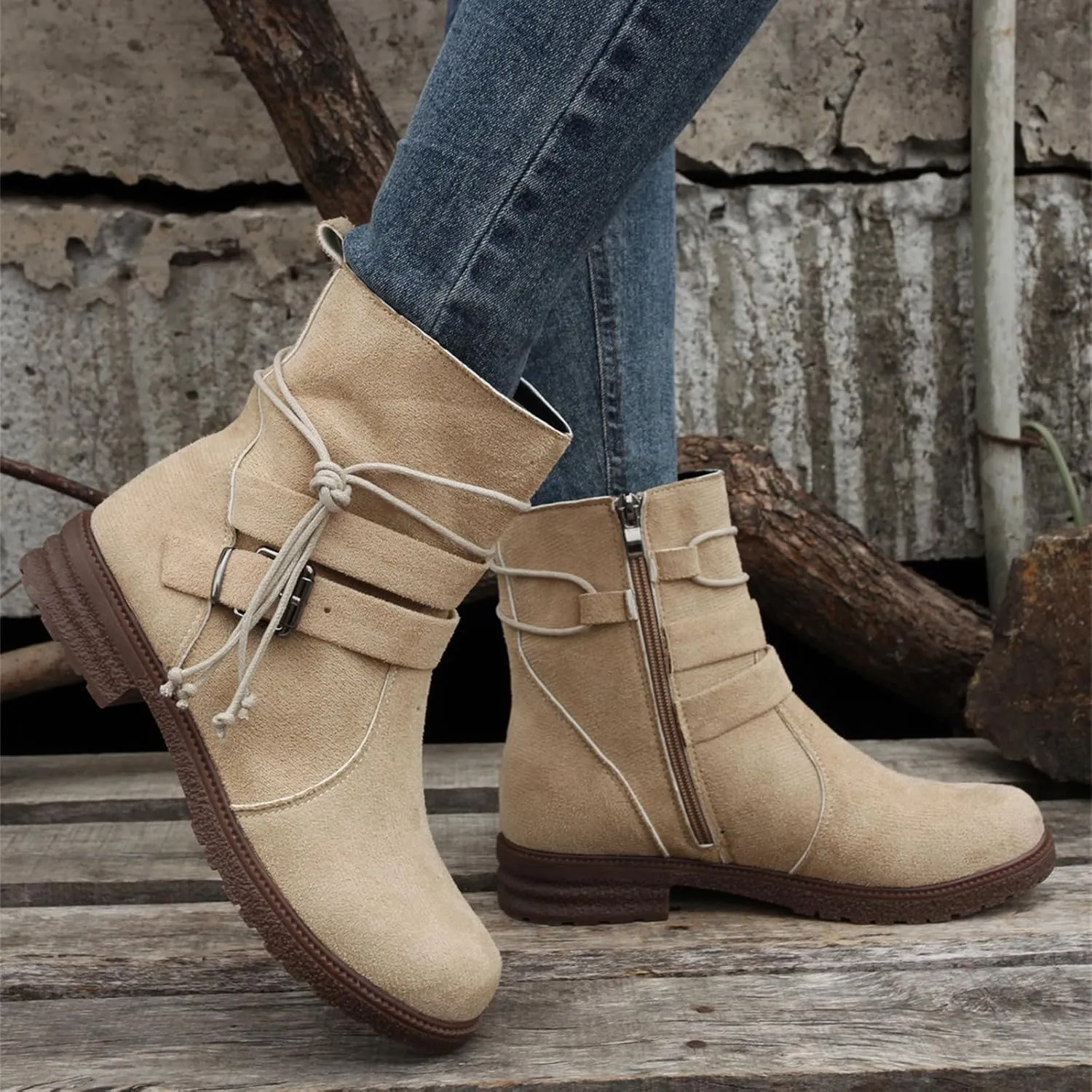 Cowgirl Boots Women Short Heel Mid Calf Round-Toe Side Zip Combat boots Motorcycle Riding Military Biker Ankle booties