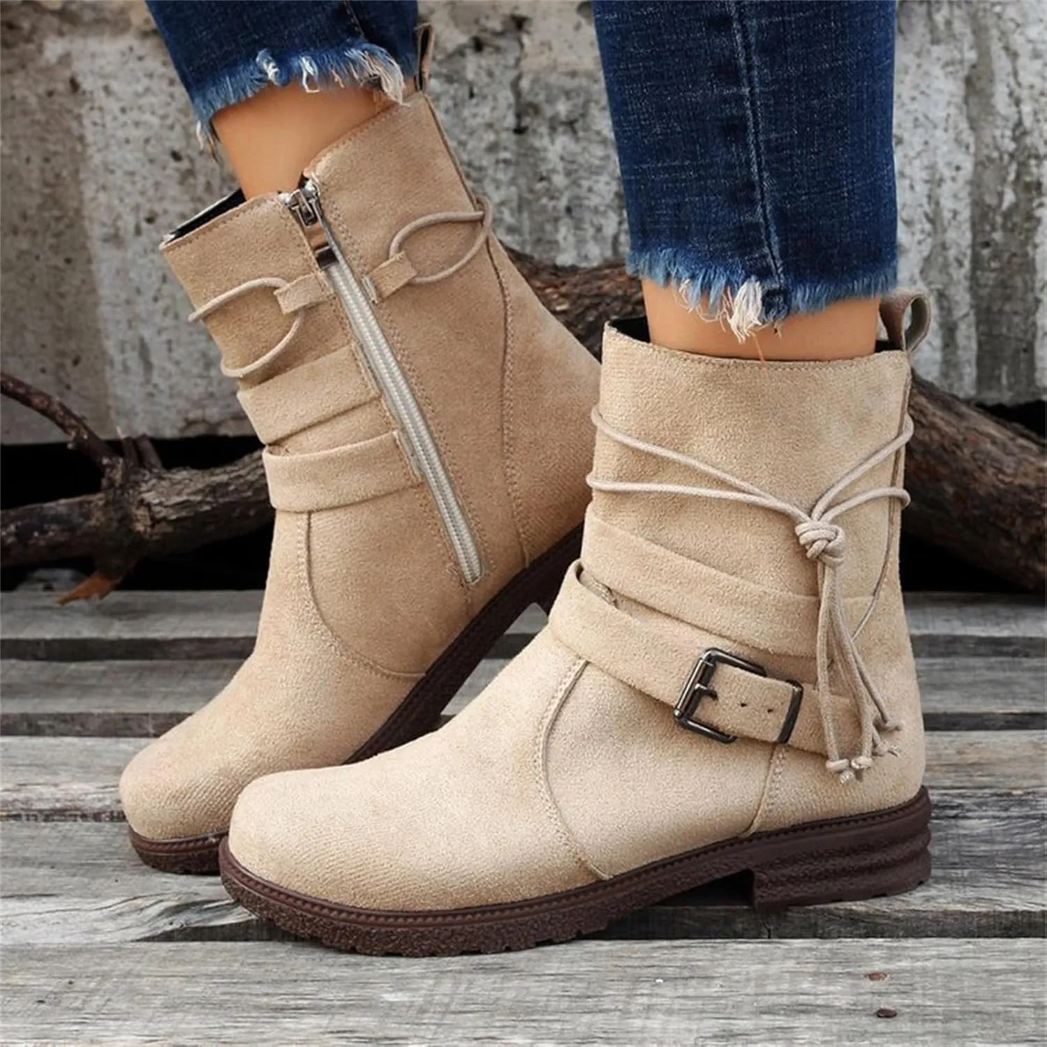Cowgirl Boots Women Short Heel Mid Calf Round-Toe Side Zip Combat boots Motorcycle Riding Military Biker Ankle booties