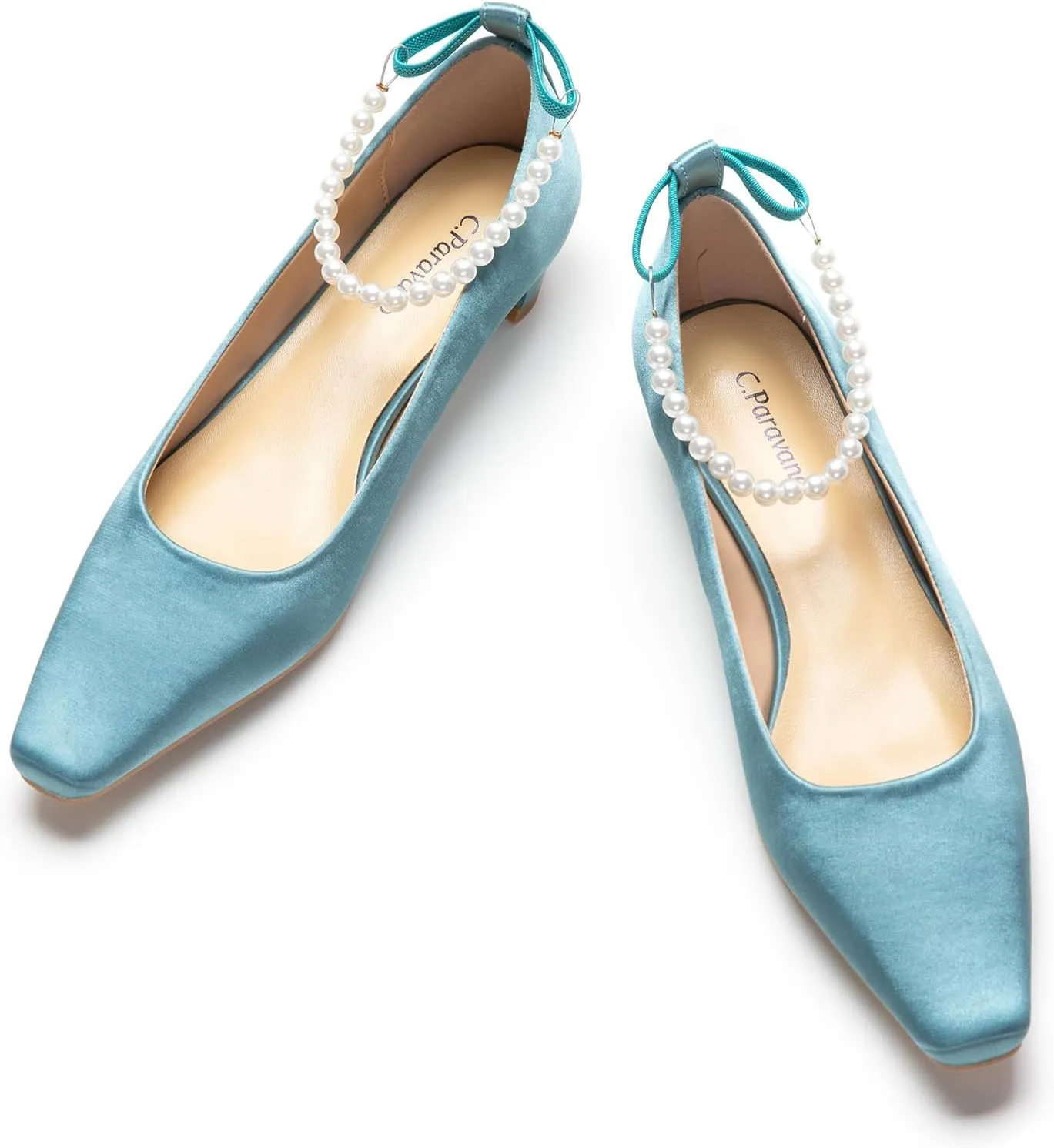 C.Paravano Ladies' Chunky Low Heel Pearl Ankle Strap Women's Square Toe Pumps Closed Toe Low Heel Pumps Bridal Wedding Shoes 1.1in HeelsBlue10.5
