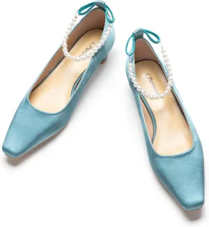 C.Paravano Ladies' Chunky Low Heel Pearl Ankle Strap Women's Square Toe Pumps Closed Toe Low Heel Pumps Bridal Wedding Shoes 1.1in HeelsBlue6.5