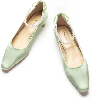 C.Paravano Ladies' Chunky Low Heel Pearl Ankle Strap Women's Square Toe Pumps Closed Toe Low Heel Pumps Bridal Wedding Shoes 1.1in HeelsGreen8.5