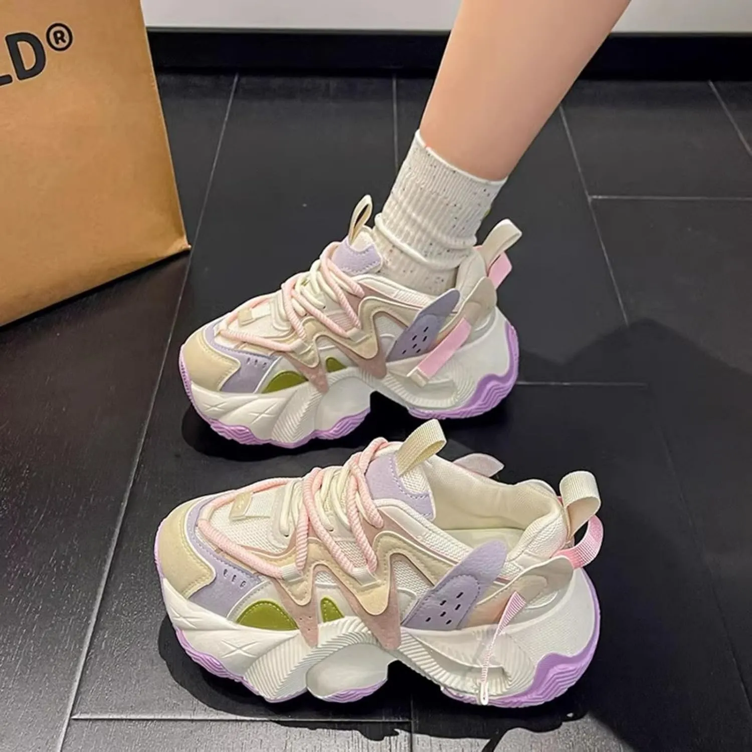 Cute Sneakers for Women Retro Thick Sole Dad Shoes Lace-Up Height Increase Walking Cute Shoes